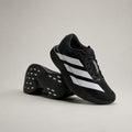 A pair of black Adidas running shoes with signature white three-stripes, shown on a neutral light gray studio background.
