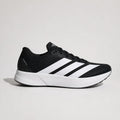 A black and white Adidas running shoe shown from the side against a light gray background.