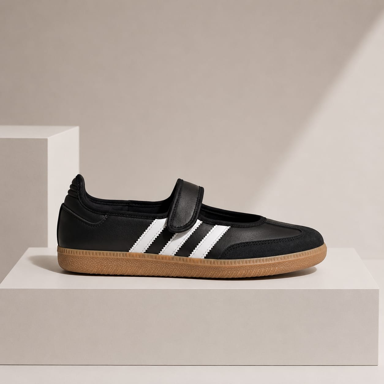 A black leather shoe with white three-stripes and a brown gum sole, displayed on a white geometric pedestal against a warm beige background.